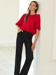 Berry Red Puff Sleeve V-Neck Blouse - Image 2 of 7