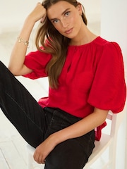 Berry Red Puff Sleeve V-Neck Blouse - Image 3 of 7
