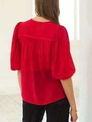 Berry Red Puff Sleeve V-Neck Blouse - Image 4 of 7
