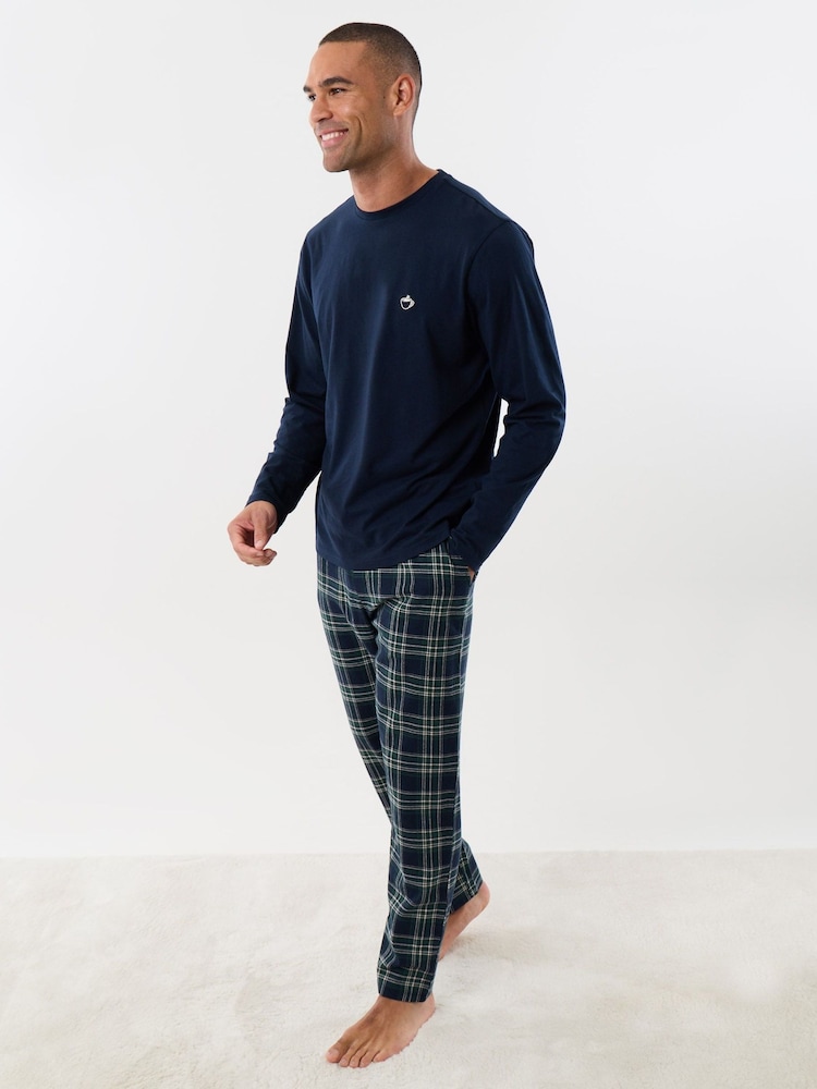 Tamsiai mėlyna - Threadbare medvilnės viršutinių ir flanelinių kelnių pidžamų komplektas - 1 paveikslėlis iš 4 Tamsiai mėlyna - Threadbare medvilnės viršutinių ir flanelinių kelnių pidžamų komplektas - 1 paveikslėlis iš 4