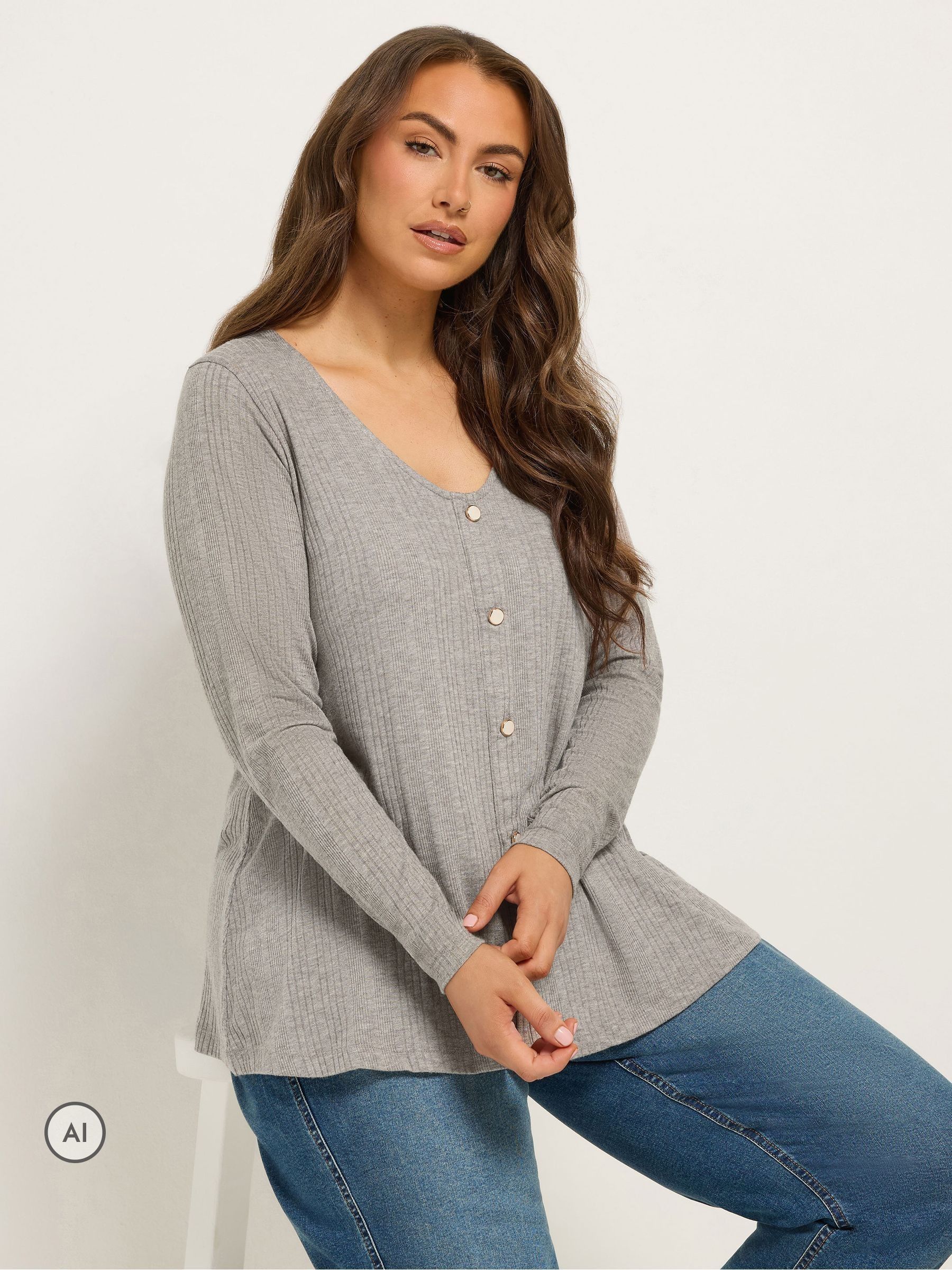 Yours Women's Grey Ribbed Button Front Top In | Size: 34/36 - Image 6