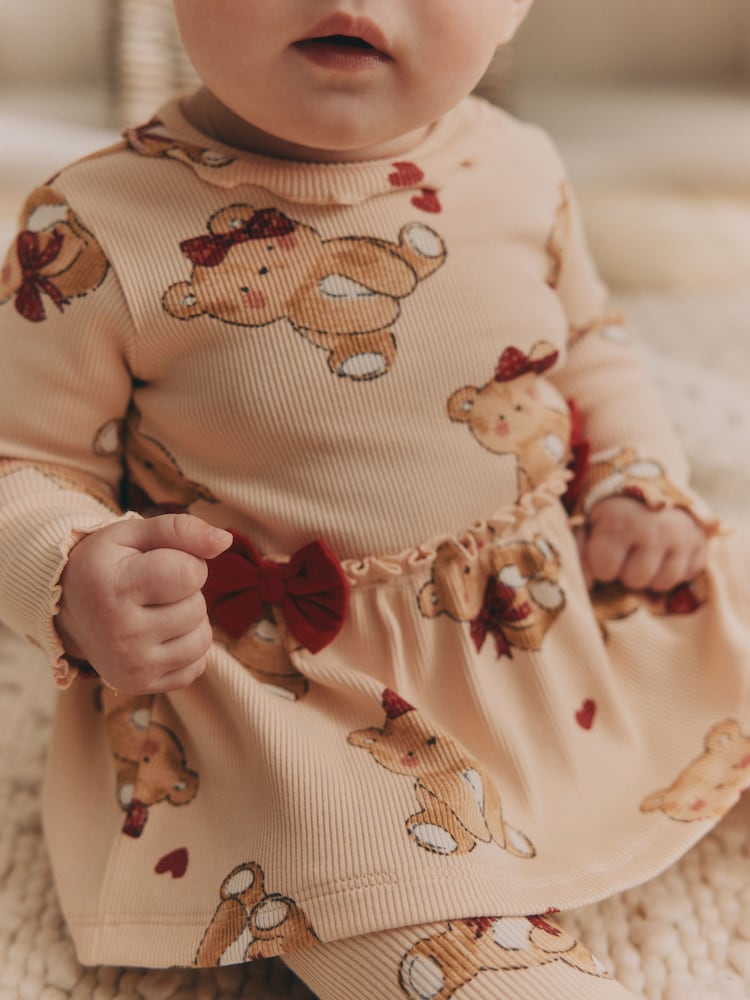 Beige/Red Check Bear Baby Long Sleeve Frill Top And Leggings Set - Image 4 of 16