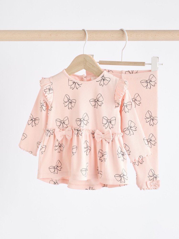 Pink Bow Print Baby Long Sleeve Frill Top And Leggings Set (0mths-2yrs) - Image 1 of 19