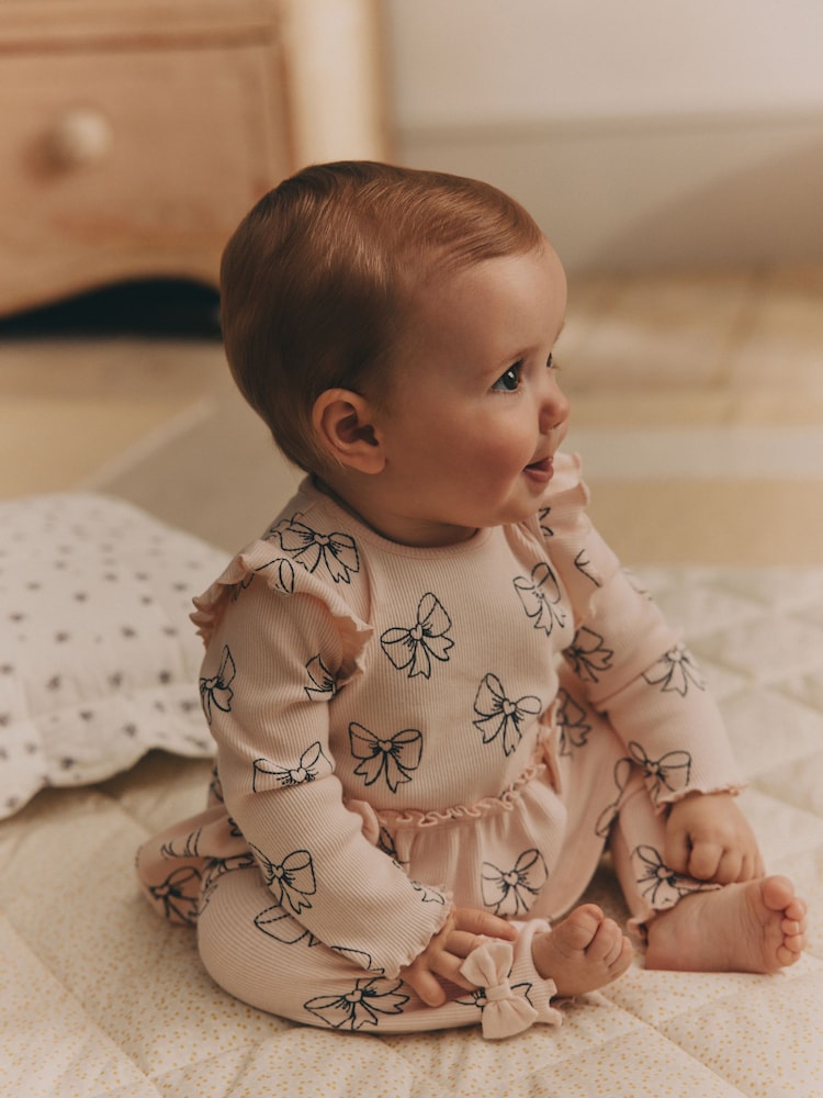 Pink Bow Print Baby Long Sleeve Frill Top And Leggings Set (0mths-2yrs) - Image 2 of 19
