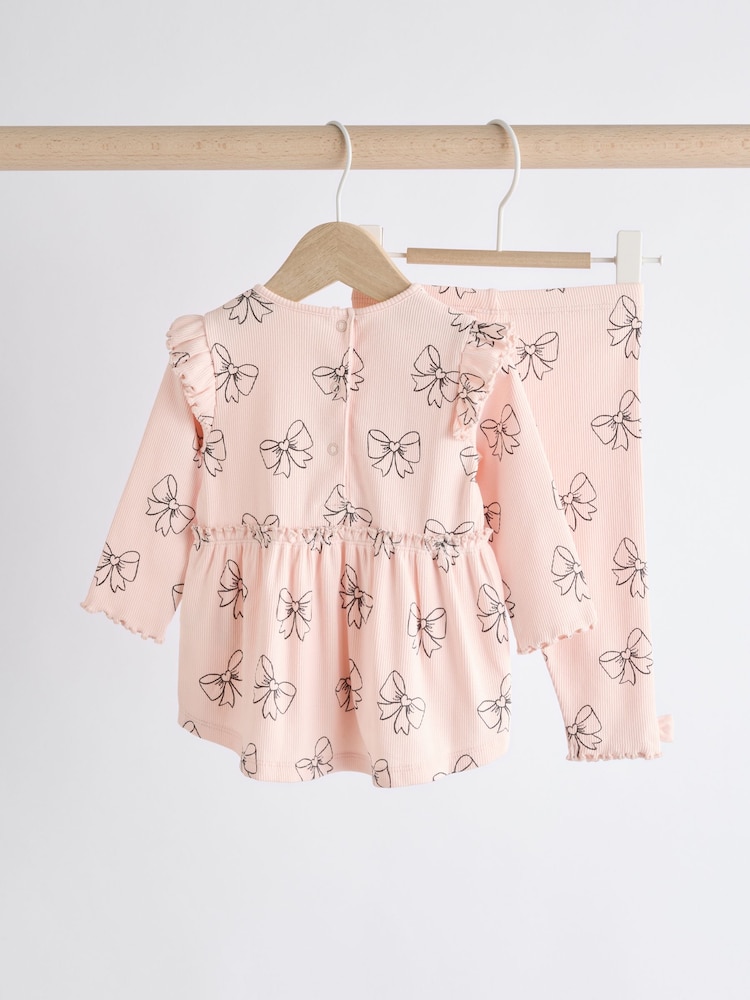 Pink Bow Print Baby Long Sleeve Frill Top And Leggings Set (0mths-2yrs) - Image 8 of 19