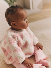 Pink/White Heart Baby Print Cosy Baby Fleece Jumper and Leggings 2 Piece Set - Image 1 of 15