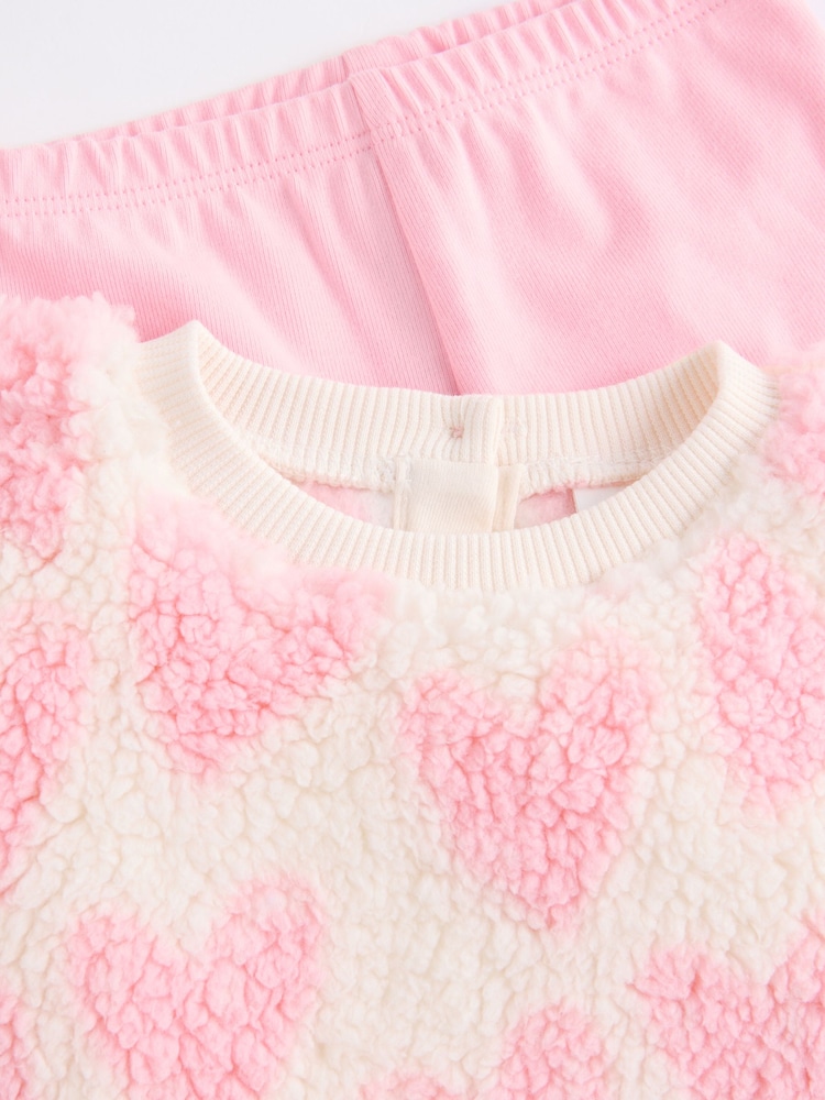 Rose/Blanc Cœur Bébé Imprimé - Ensemble confortable de 2 pièces en polaire et leggings bébé - Image 12 of 15