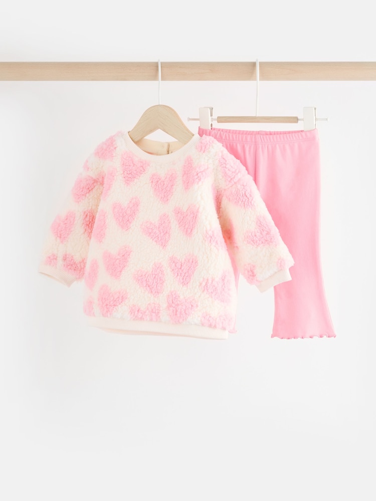 Rose/Blanc Cœur Bébé Imprimé - Ensemble confortable de 2 pièces en polaire et leggings bébé - Image 6 of 15