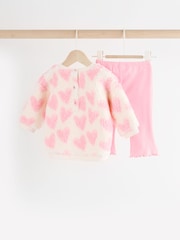 Pink/White Heart Baby Print Cosy Baby Fleece Jumper and Leggings 2 Piece Set - Image 7 of 15