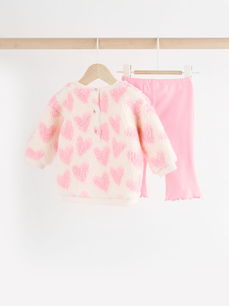Rose/Blanc Cœur Bébé Imprimé - Ensemble confortable de 2 pièces en polaire et leggings bébé - Image 7 of 15