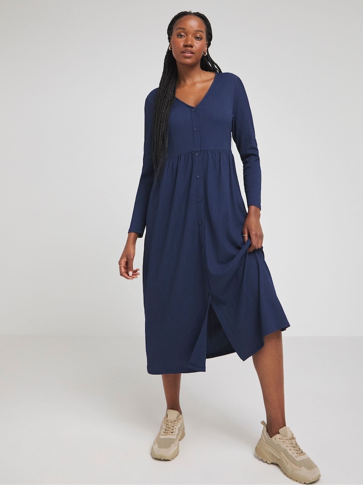 Simply Be Blue Waffle Button Up Midi Dress - Image 1 of 4