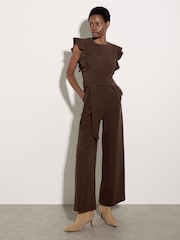 Apricot Brown Ruffle Sleeve Jersey Jumpsuit - Image 1 of 4