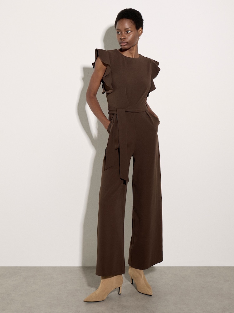Apricot Brown Ruffle Sleeve Jersey Jumpsuit - Image 1 of 4 Apricot Brown Ruffle Sleeve Jersey Jumpsuit - Image 1 of 4