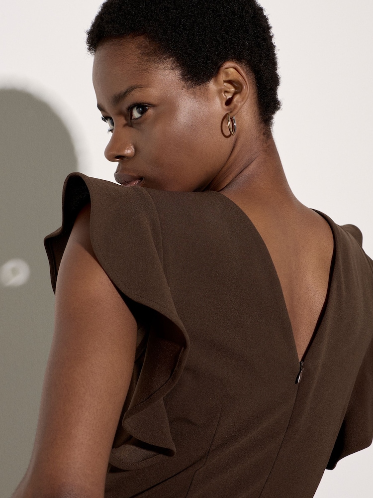 Apricot Brown Ruffle Sleeve Jersey Jumpsuit - Image 2 of 4 Apricot Brown Ruffle Sleeve Jersey Jumpsuit - Image 2 of 4