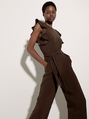 Apricot Brown Ruffle Sleeve Jersey Jumpsuit - Image 3 of 4