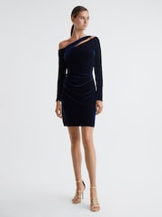 Reiss Navy Camilla Velvet Off-The-Shoulder Mini Dress - Image 1 of 4