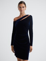 Reiss Navy Camilla Velvet Off-The-Shoulder Mini Dress - Image 3 of 4