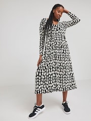 Simply Be Black Mono Print Waffle Button Up Midi Dress - Image 1 of 5