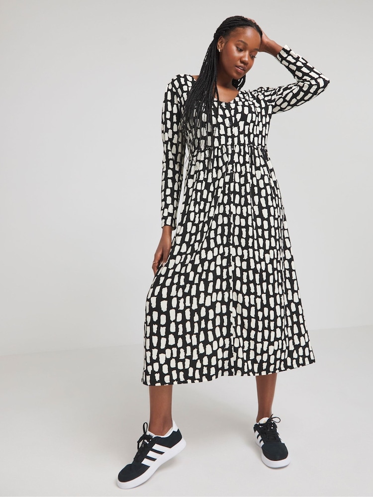 Simply Be Black Mono Print Waffle Button Up Midi Dress - Image 1 of 5