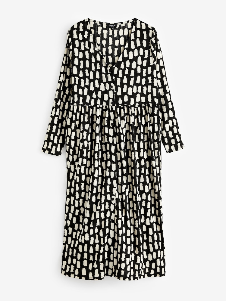 Simply Be Black Mono Print Waffle Button Up Midi Dress - Image 5 of 5