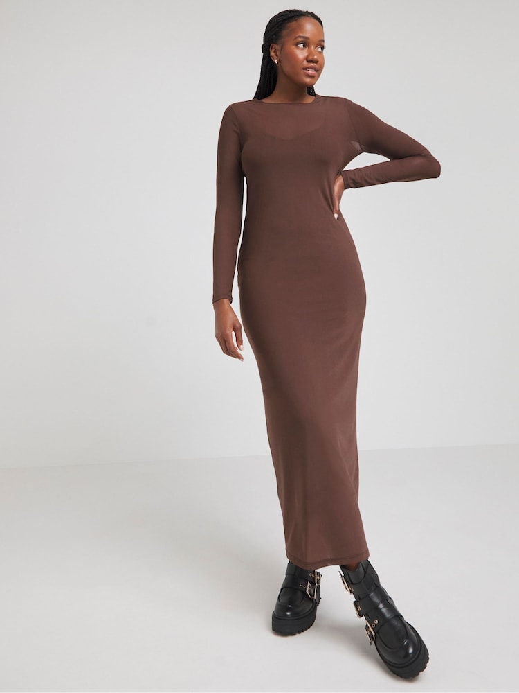 Simply Be Chocolate Brown Mesh Maxi Dress - Image 1 of 5