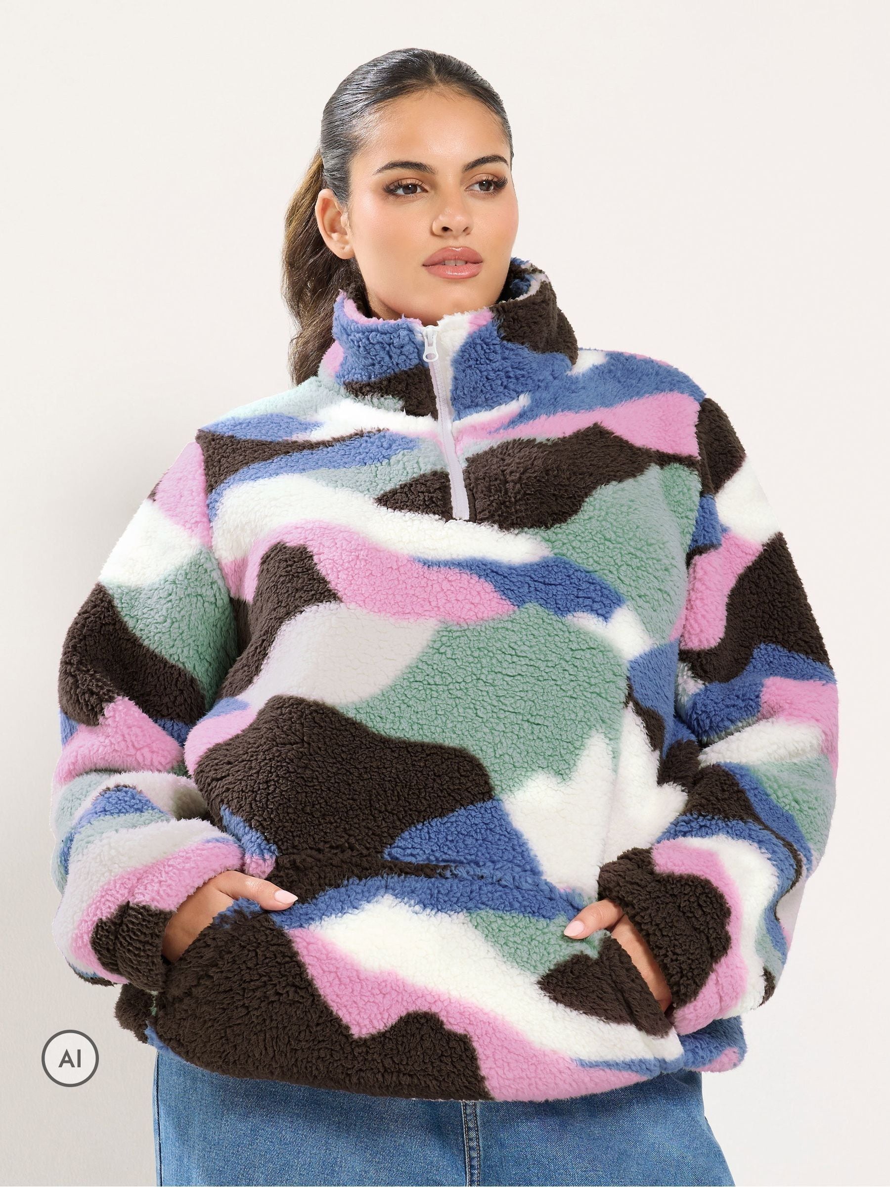 Yours Women's Abstract Half Zip Borg Jumper | Size: 30-32 - Image 2
