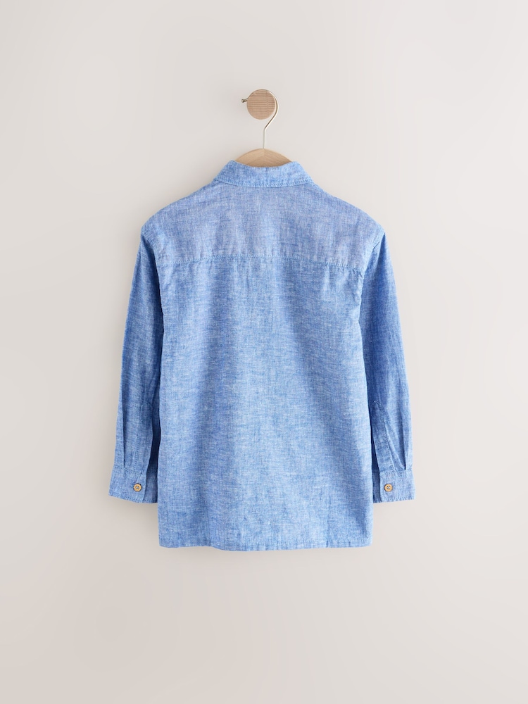 Blue Plain Long Sleeve Linen Mix Relax Fit Shirt (3-16yrs) - Image 2 of 4