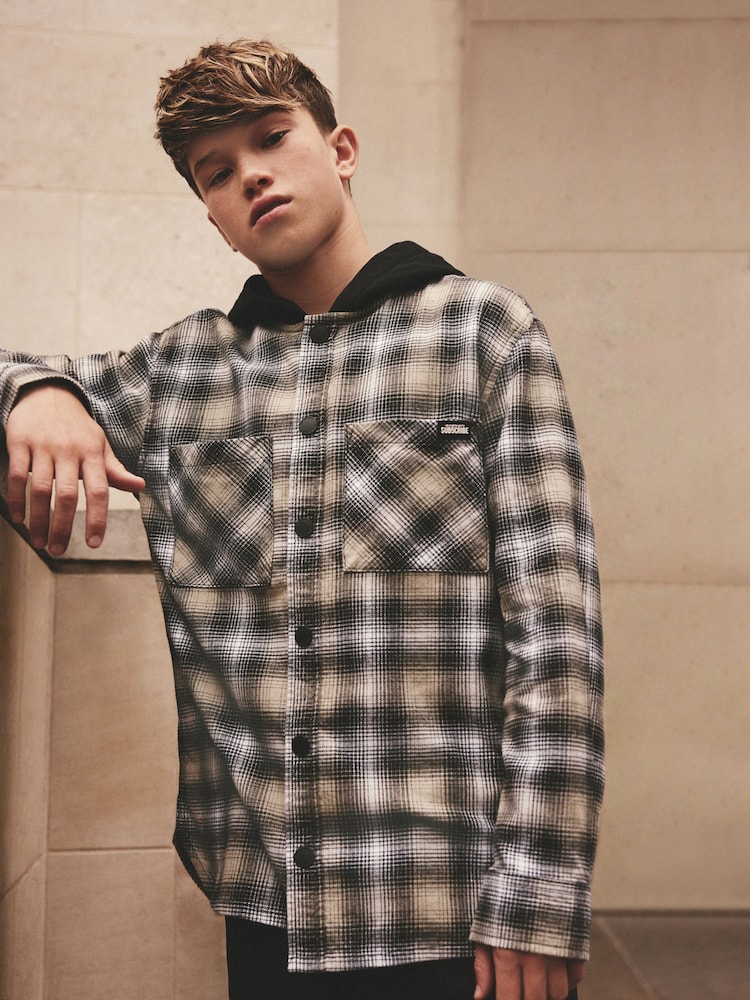 Black/White Long Sleeve Check 100% Cotton Hooded Shirt (3-16yrs) - Image 1 of 11