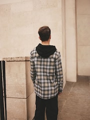 Black/White Long Sleeve Check 100% Cotton Hooded Shirt (3-16yrs) - Image 5 of 11
