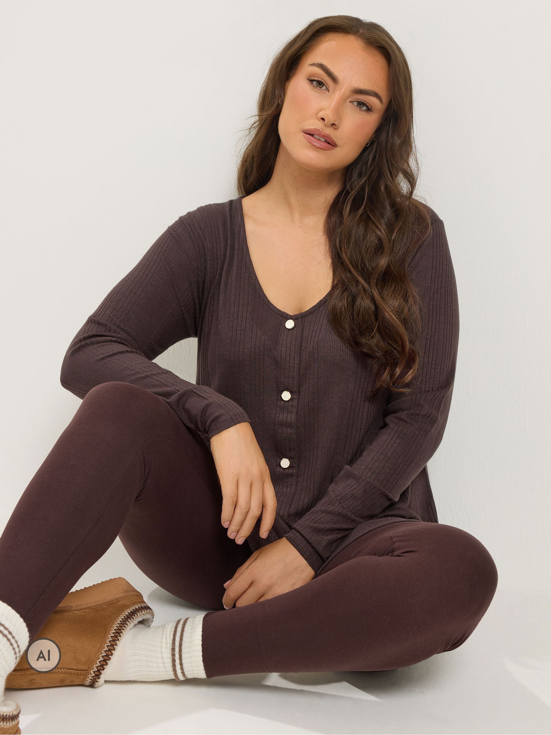 Yours Women's Brown Ribbed Button Front Top In Size 34-36 - Image 2