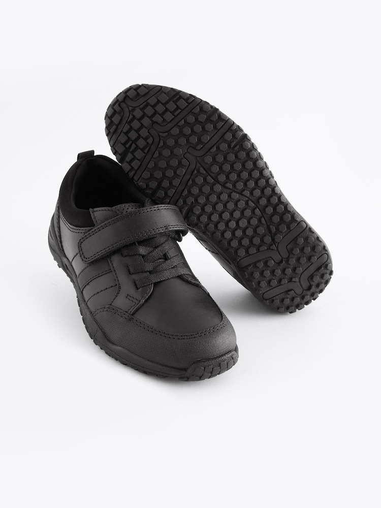 Black Wide Fit (G) School Leather Elastic Lace Shoes - Image 1 of 8
