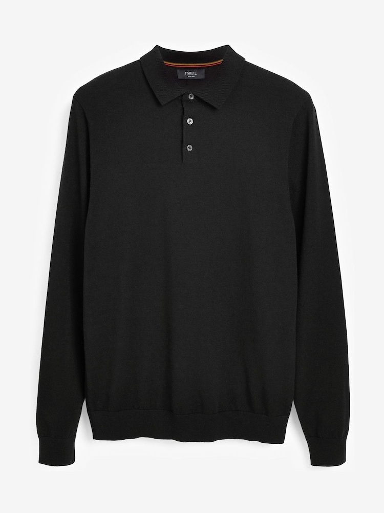 Black Regular Knitted Long Sleeve Polo Shirt - Image 1 of 5