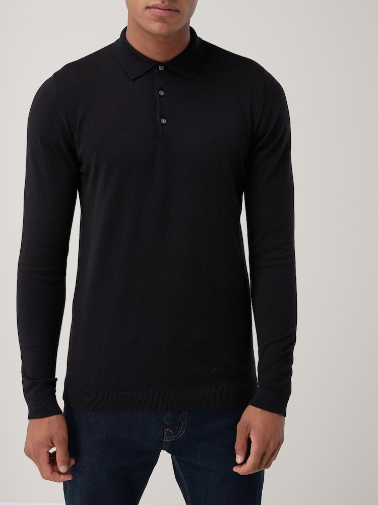 Black Regular Knitted Long Sleeve Polo Shirt - Image 1 of 5 Black Regular Knitted Long Sleeve Polo Shirt - Image 1 of 5