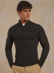 Tailored Athlete Brown Muscle Fit Extra Fine Merino Wool Half Zip Neck Jumper - Image 1 of 6