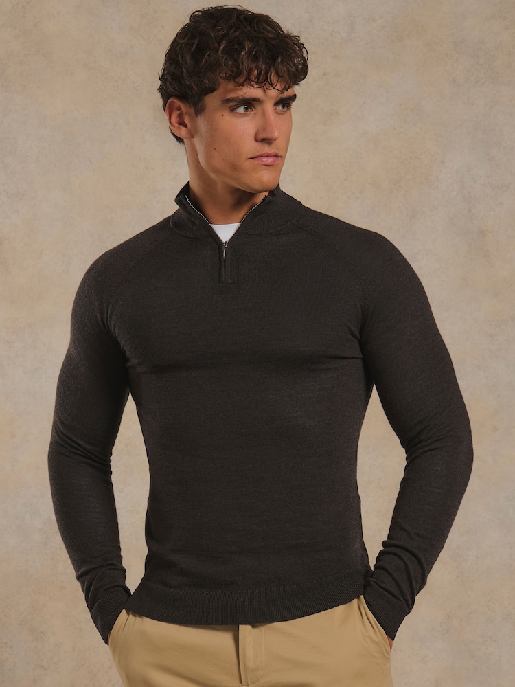 Tailored Athlete Brown Muscle Fit Extra Fine Merino Wool Half Zip Neck Jumper - Image 1 of 6 Tailored Athlete Brown Muscle Fit Extra Fine Merino Wool Half Zip Neck Jumper - Image 1 of 6