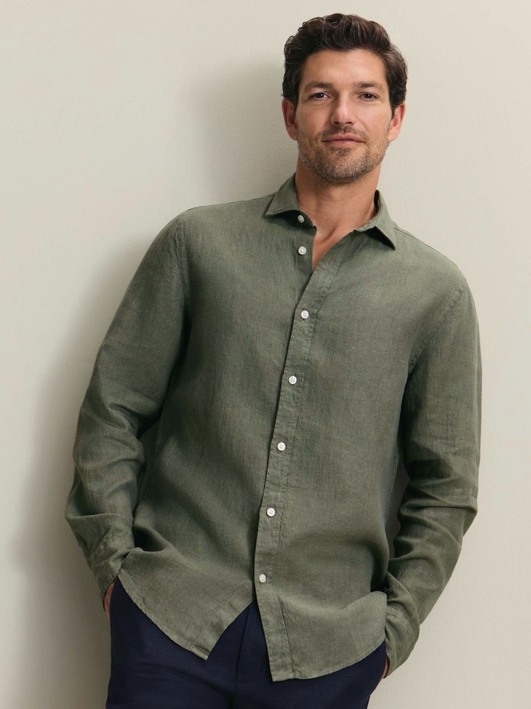 Charles Tyrwhitt Olive Green Plain Pure Linen Shorts Sleeve Shirt - Image 1 of 5 Charles Tyrwhitt Olive Green Plain Pure Linen Shorts Sleeve Shirt - Image 1 of 5