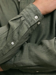 Charles Tyrwhitt Olive Green Plain Pure Linen Shorts Sleeve Shirt - Image 3 of 5