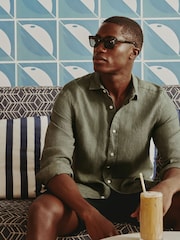 Charles Tyrwhitt Olive Green Plain Pure Linen Shorts Sleeve Shirt - Image 4 of 5
