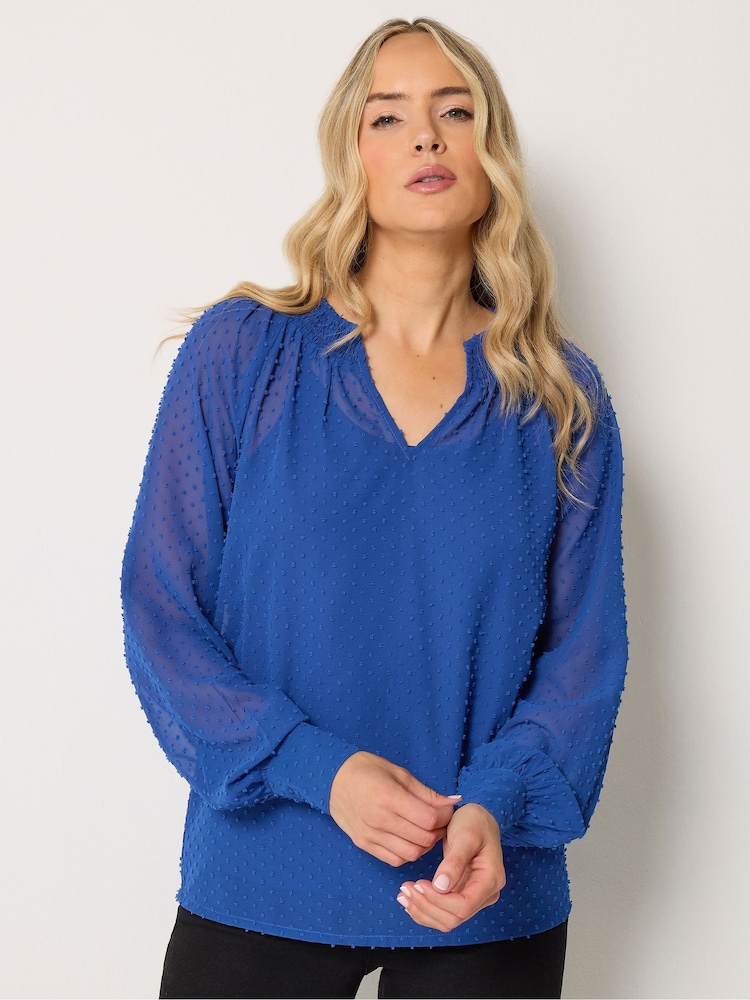 Long Tall Sally Blue Dobby Shirred Blouse - Image 1 of 6 Long Tall Sally Blue Dobby Shirred Blouse - Image 1 of 6