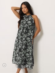 PixieGirl Petite Black Blurred Floral Halter Midi Dress - Image 1 of 6