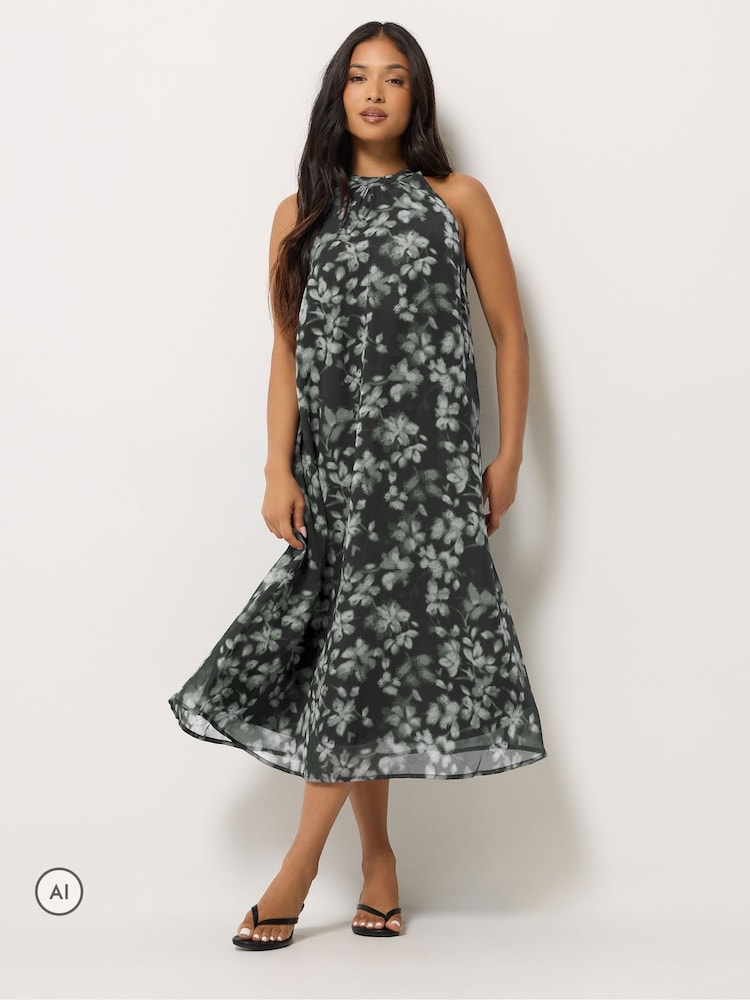 PixieGirl Petite Black Blurred Floral Halter Midi Dress - Image 2 of 6