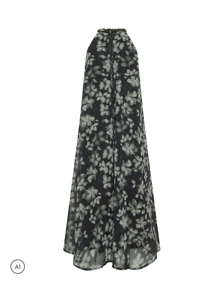 PixieGirl Petite Black Blurred Floral Halter Midi Dress - Image 6 of 6