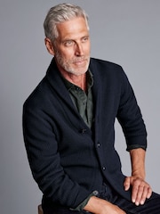 Charles Tyrwhitt Blue Chunky Merino Shawl Neck Cardigan - Image 2 of 5