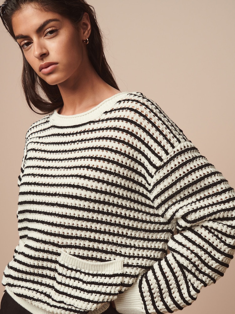 Black/White Stripe Stitch Detail Pocket Jumper - Image 1 of 5
