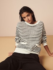 Black/White Stripe Stitch Detail Pocket Jumper - Image 3 of 5