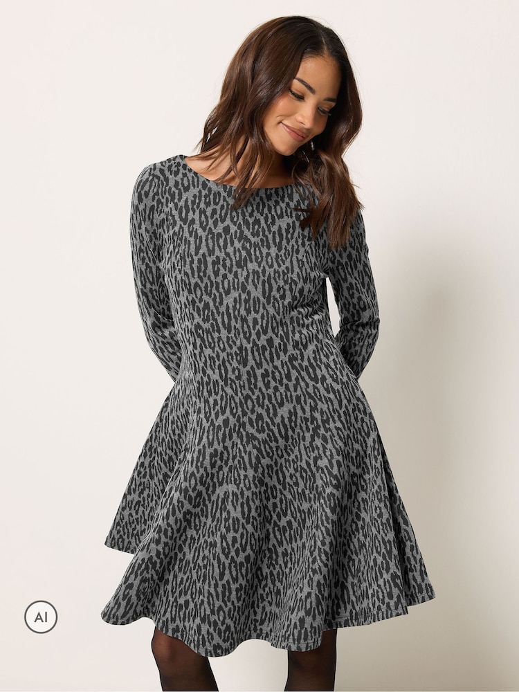 M&Co Grey Petite Animal Fit & Flare Dress - Image 1 of 6 M&Co Grey Petite Animal Fit & Flare Dress - Image 1 of 6