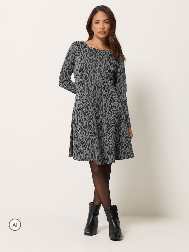 M&Co Grey Petite Animal Fit & Flare Dress - Image 2 of 6 M&Co Grey Petite Animal Fit & Flare Dress - Image 2 of 6