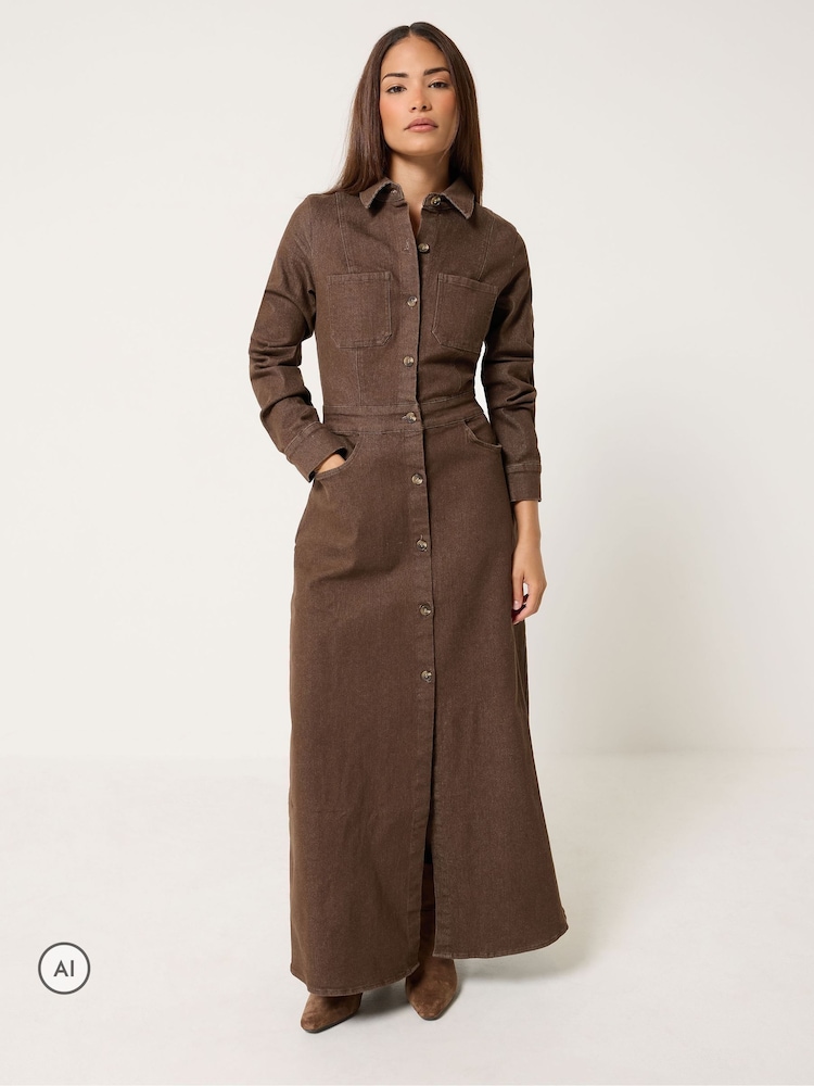 بني - PixieGirl Petite Denim Maxi Dress - صورة 1 من 6 بني - PixieGirl Petite Denim Maxi Dress - صورة 1 من 6