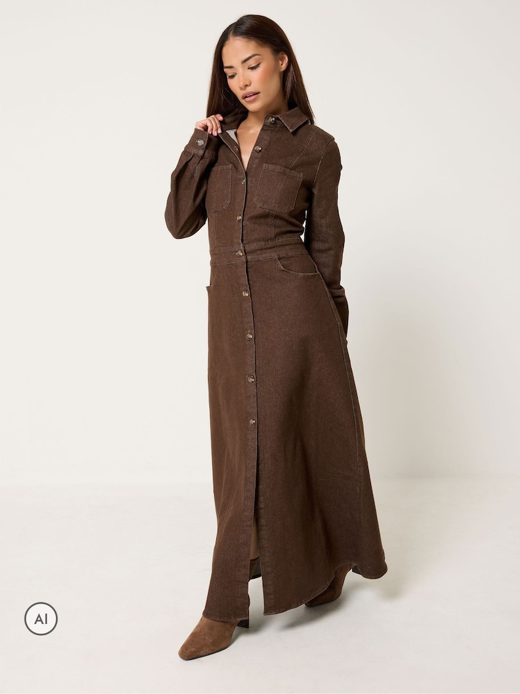 بني - PixieGirl Petite Denim Maxi Dress - صورة 2 من 6 بني - PixieGirl Petite Denim Maxi Dress - صورة 2 من 6
