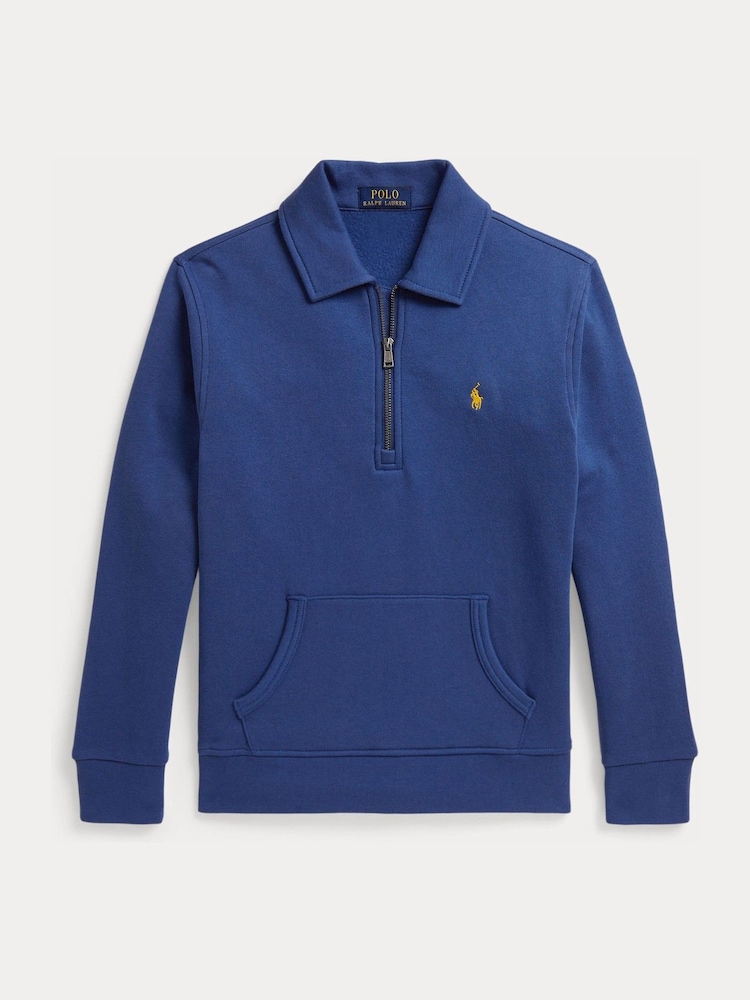 Polo Ralph Lauren Blue Logo Quarter Zip Jersey Sweatshirt - Image 1 of 2 Polo Ralph Lauren Blue Logo Quarter Zip Jersey Sweatshirt - Image 1 of 2
